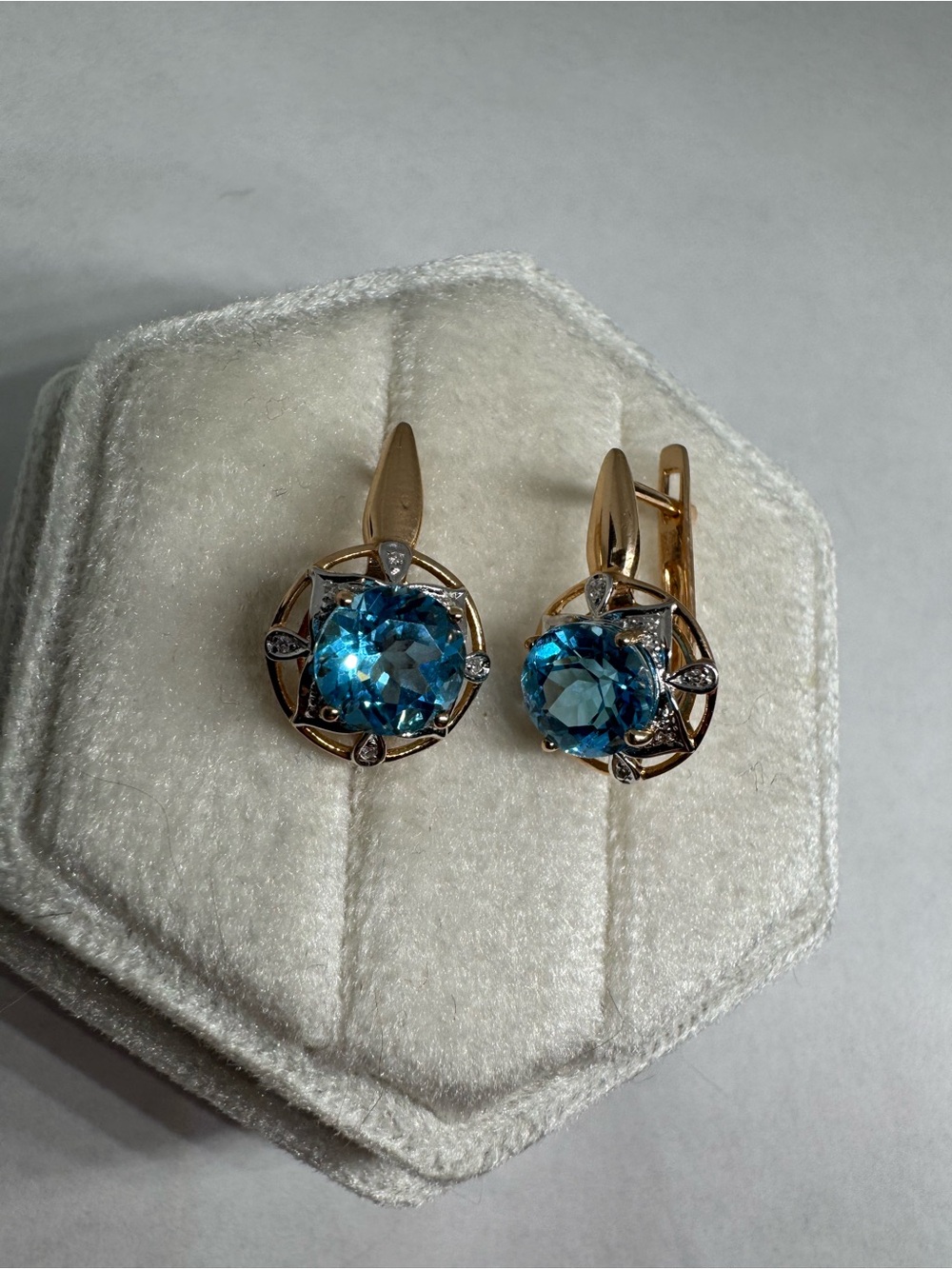 14K 585 Rose Gold Blue Topaz & Diamond Earrings - Picture 3 of 16